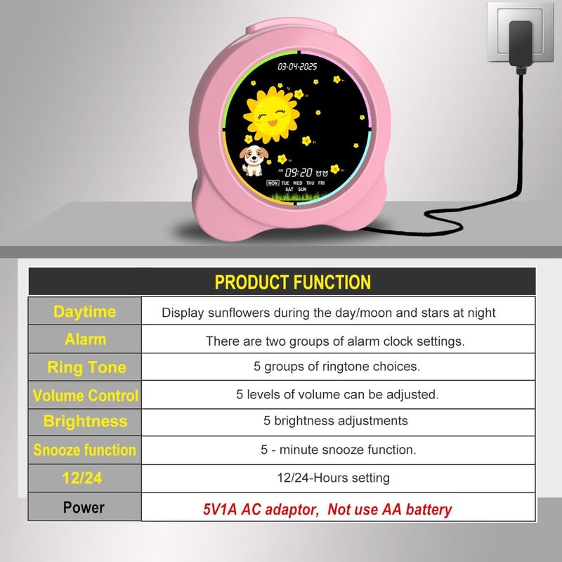 Sinoviwe Kids Alarm Clock Sun & Moon LED Display with Day & Date OK to Wake Clock with Night Light for Kids Children's Sleep Trainer Gift for Boy and Girls (Pink) - Image 4